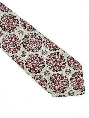 Vintage 70s Hardy Amies Extra Wide Silver & Red Floral Medallion Motif Poly